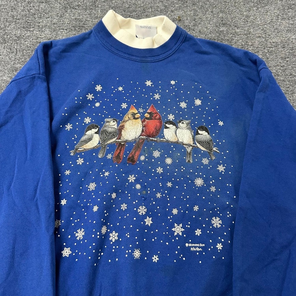 Morning Sun Sweatshirt Womens XL Blue Winter Birds Cardinal Snowflake Mock Neck - Picture 2 of 7